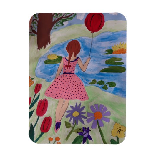 赤風船柔軟なフォトマグネットを持つ女の子 マグネット (縦)