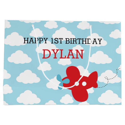 赤飛行機抱き枕 – かわいい飛行機クラウド誕生日 ラージペーパーバッグ (裏面)