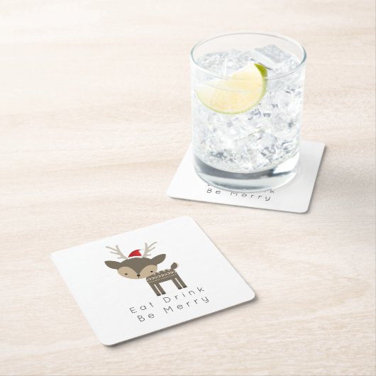 赤食べサンタ帽で聖降誕祭のシカを飲め スクエアペーパーコースター (インサイチュ)