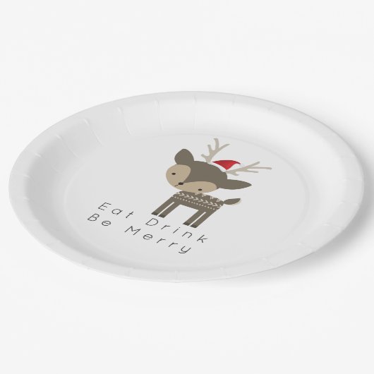 赤食べサンタ帽で聖降誕祭のシカを飲め ペーパープレート (アングル)