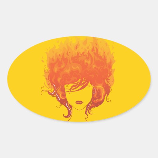 赤髪の女性、赤い火髪 楕円形シール (正面)