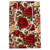 赤魅力的と白のバラ – シックなフローラルパターン ミディアムペーパーバッグ (正面)