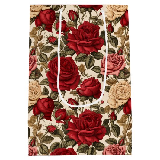 赤魅力的と白のバラ – シックなフローラルパターン ミディアムペーパーバッグ (裏面)