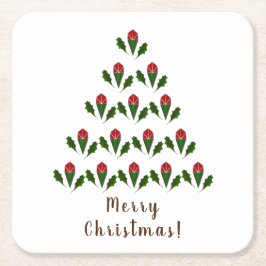 赤鮮やかいバラ、ホリークリスマスツリー&ウィッシュ スクエアペーパーコースター