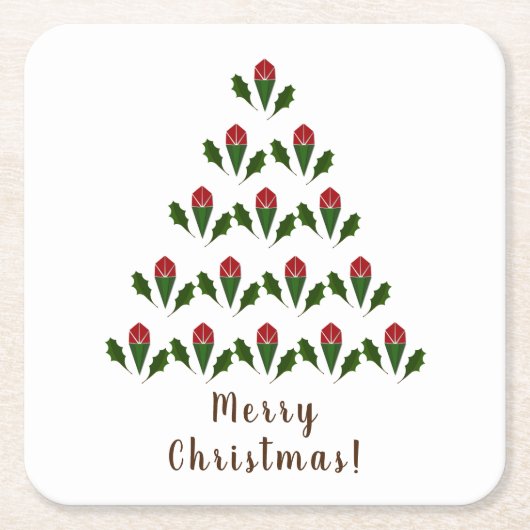 赤鮮やかいバラ、ホリークリスマスツリー&ウィッシュ スクエアペーパーコースター (正面)