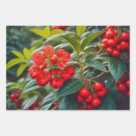 赤鮮やかい花と果実の房 ラッピングペーパーシート (正面)