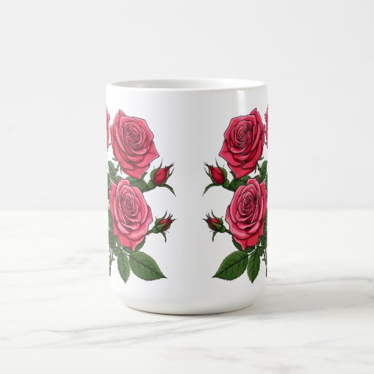 赤鮮やかとピンクのバラの緑の離れ花束 コーヒーマグカップ (中央)