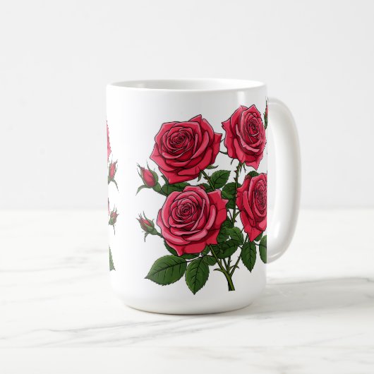 赤鮮やかとピンクのバラの緑の離れ花束 コーヒーマグカップ (正面右)