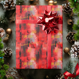 赤鮮やかと金ゴールドのパーソナライズされた贈り物 ラッピングペーパー