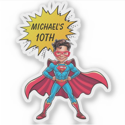 赤鮮やかと黄色のスーパーヒーロー風刺画 シール (正面)