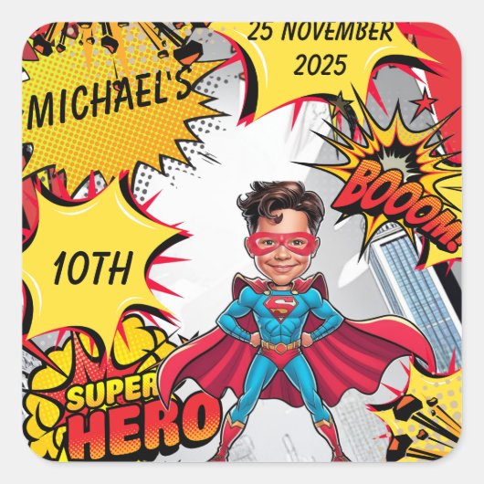 赤鮮やかと黄色のスーパーヒーロー風刺画 スクエアシール (正面)