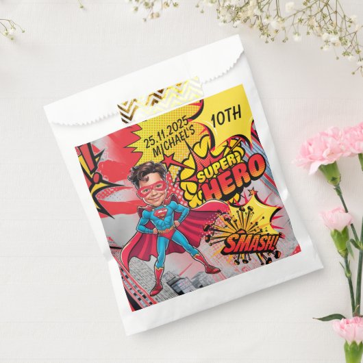 赤鮮やかと黄色のスーパーヒーロー風刺画 フェイバーバッグ (封をした状態)