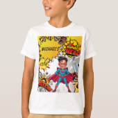 赤鮮やかと黄色のスーパーヒーロー風刺画 Tシャツ (正面)