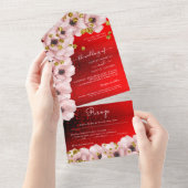 赤鮮やかエレガントピンク結婚ローズ オールインワン招待状 (貼ってはがせる)