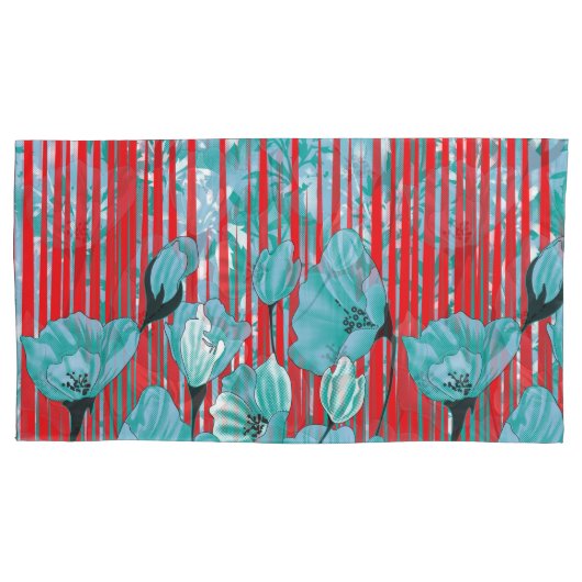 赤鮮やかターコイズ花柄 枕カバー (正面)