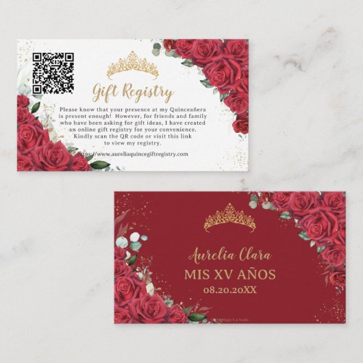 赤鮮やかフローラクインセアニラQRギフトレジストリ エンクロージャーカード (正面/裏面)