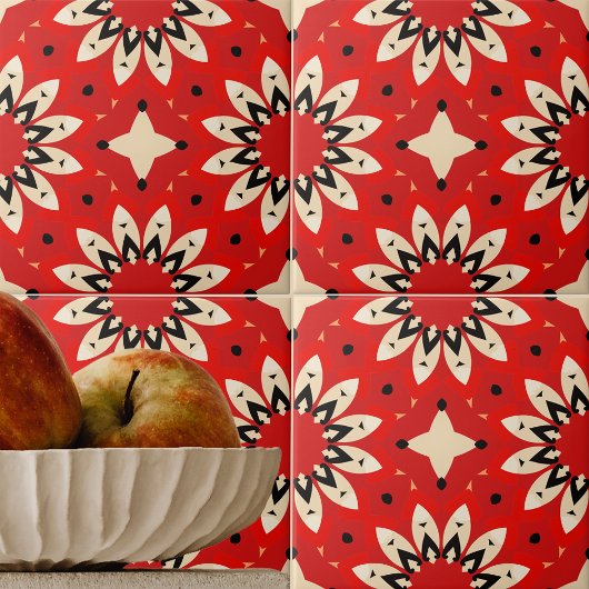 赤鮮やかフローラ民族幾何学模様 タイル