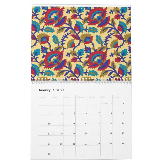 赤鮮やか目の織はっきりした織アート カレンダー (1月 2027)