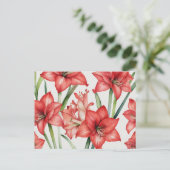赤鮮やか色のアマリリス水彩模様 ポストカード (スタンド正面)