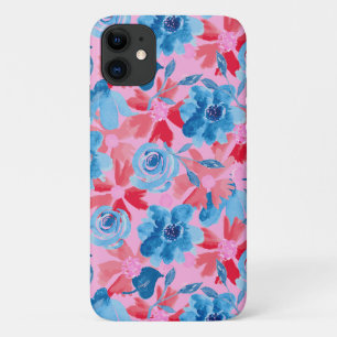 赤鮮やか青とピンクの手のフローラ iPhone 11 ケース