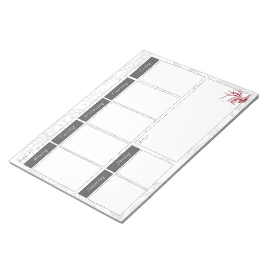 赤鳥花模様の週刊カレンダーメモ帳 ノートパッド (アングル)