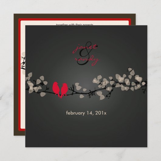 赤鳥、鳥/カラフル花 招待状 (正面/裏面)