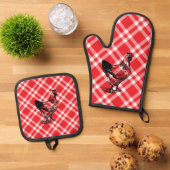 赤鶏市松模様に肉 鍋つかみ&鍋敷きセット (トップダウン)