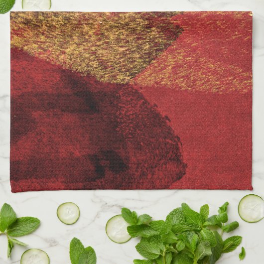 赤黄色の黒い抽象芸術絵を描のブラシアート キッチンタオル (折り畳み)