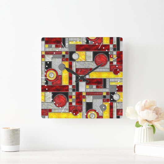 赤黄色アールデコステンドグラス スクエア壁時計 (ホーム)