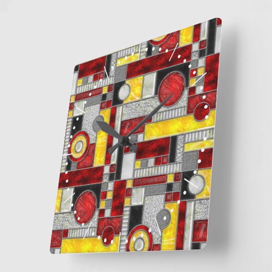 赤黄色アールデコステンドグラス スクエア壁時計 (傾斜)