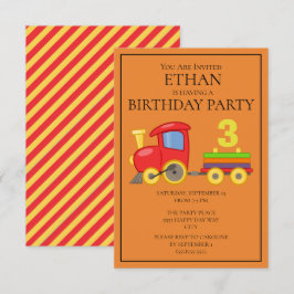 赤黄色オレンジ色の電車 こどもの誕生日パーティー 招待状