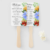 赤黄色ブルーフラワーズ結婚式 プログラム ハンドファン (正面&裏面)