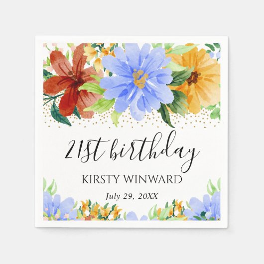 赤黄色青の花の誕生日 スタンダードカクテルナプキン (正面)