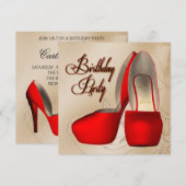 赤黒のダマスク柄ハイヒール靴 誕生日パーティー 招待状 (正面/裏面)