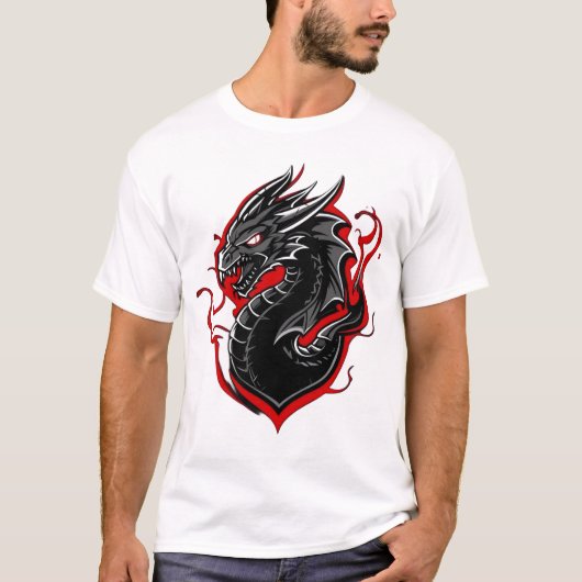 赤黒のドラゴン マスコット グラフィック Tシャツ (正面)