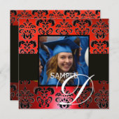 赤黒の卒業用ダマスク柄　白モノグラム 招待状 (正面/裏面)