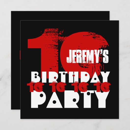 赤黒の10歳の誕生パーティー10歳のV02D 招待状 (正面/裏面)