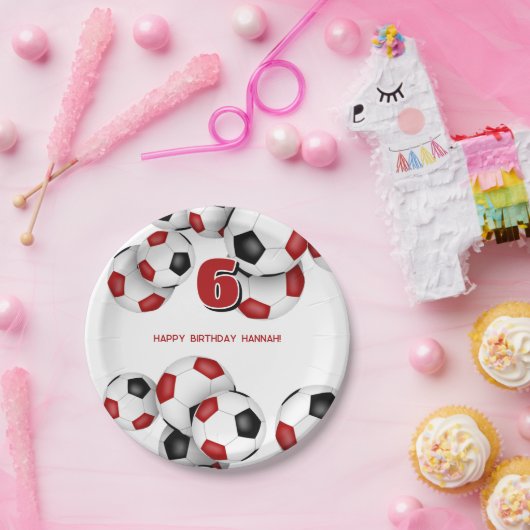 赤黒サッカーボール子供の誕生日パーティー ペーパープレート (パーティー)