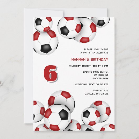 赤黒サッカーボール子供の誕生日パーティー 招待状 (正面)