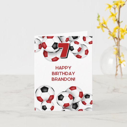 赤黒サッカーボール子供の誕生日 カード (黄色い花)