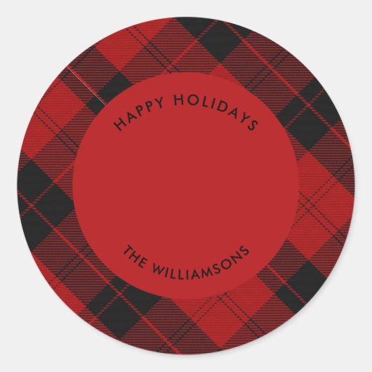 赤黒タータンチェック名前をカスタムするメッセージ ラウンドシール (正面)