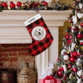 赤黒タートンチェック 冬のリース ペット犬の写真 スモールクリスマスストッキング