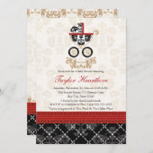 赤黒ダマスクベビー台車ベビーシャワー 招待状 (正面/裏面)