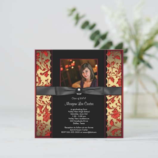 赤黒ダマスク写真卒業発表 招待状 (スタンド正面)
