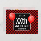 赤黒チェック風船任意の年誕生日B03H 案内ポストカード (正面/裏面)