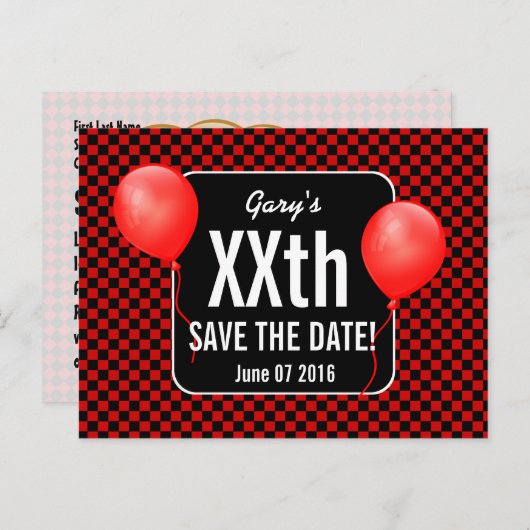 赤黒チェック風船任意の年誕生日B03H 案内ポストカード (正面/裏面)
