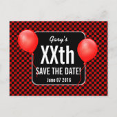 赤黒チェック風船任意の年誕生日B03H 案内ポストカード (正面)