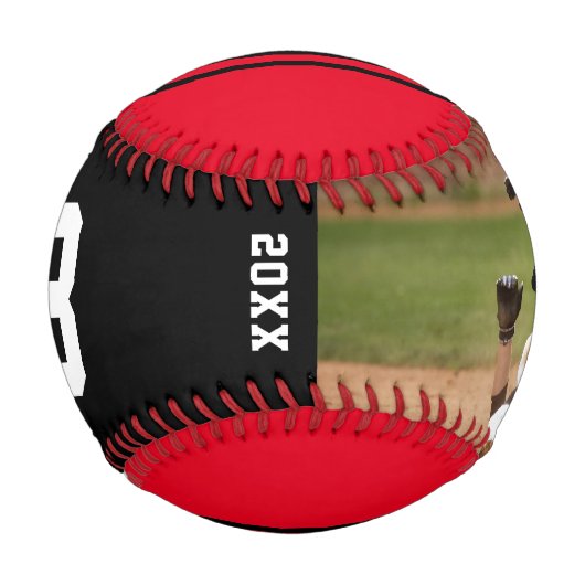 赤黒チーム名プレイヤー番号写真 野球ボール (裏面)