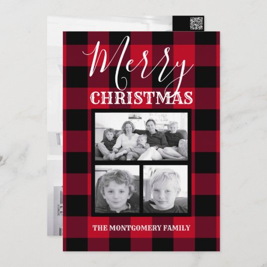 赤黒バッファローチェックメリークリスマス写真 シーズンカード (正面/裏面)