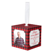 赤黒バッファロープレイド記念写真クリスマス キューブオーナメント (正面アングル)